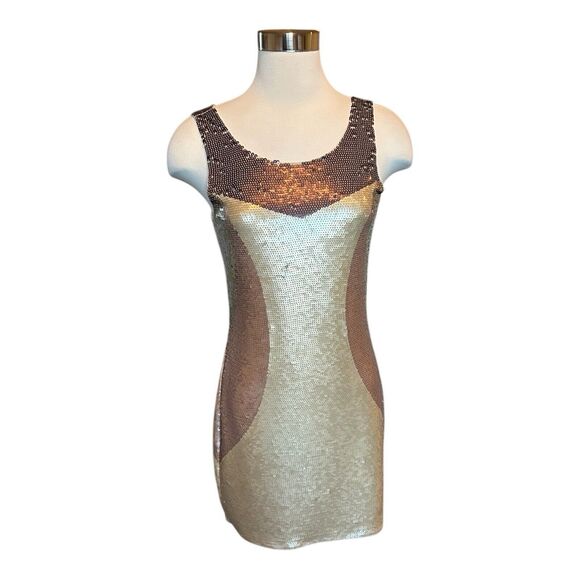 P24 Sheri Bodell Colorblock Sequin Sheath Stretch Browns Bronze Lined Sz M - Picture 1 of 6